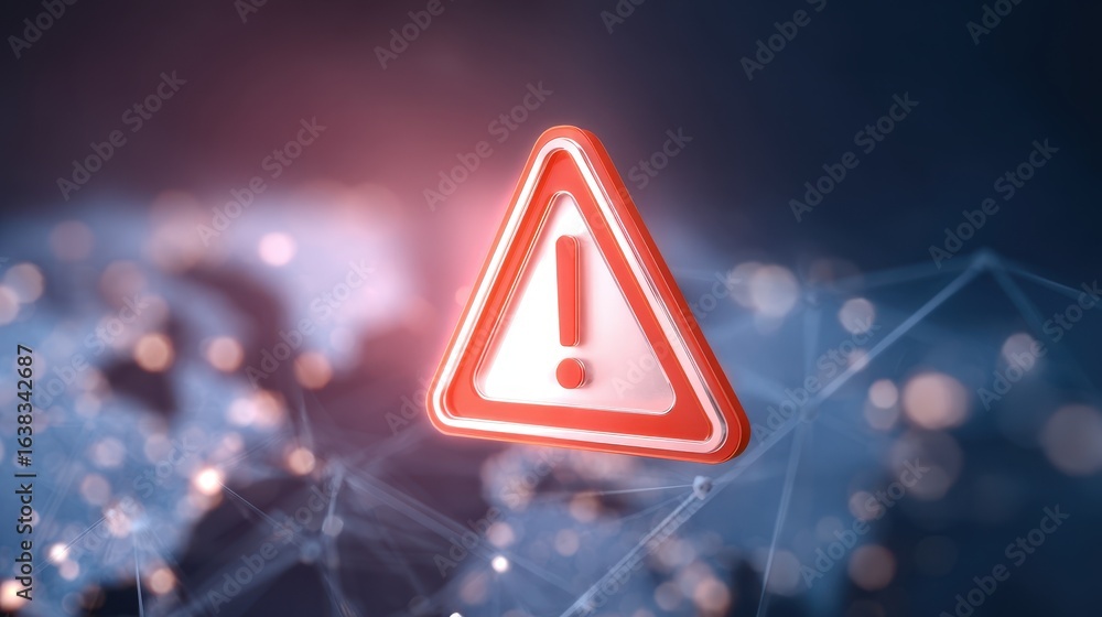 Poster red warning alert icon symbol for danger, security or system error over blurred digital network back