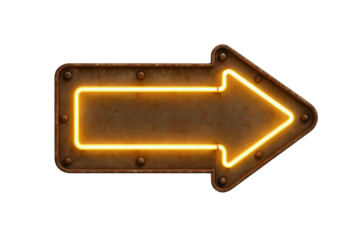 Retro Neon Arrow Sign with Rusted Metal Frame and Rivets, Guiding Direction