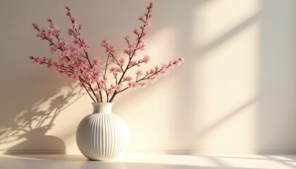 3D render of delicate pink cherry blossoms in classic white ribbed vase. Soft pastel tones fill scene with serene ambiance. Natural light casts gentle shadows, creating minimalist, elegant display