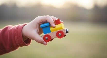 A childs hand holding a wooden toy train with a blurred natural background