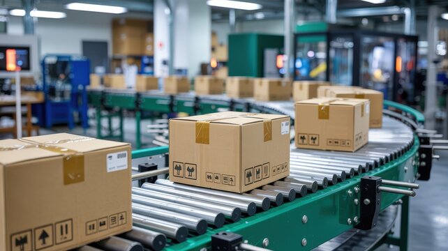 Automated packaging conveyor with cardboard boxes in distribution warehouse logistics center. - Powered by Adobe