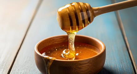 Close-up of a wooden honey dipper dripping golden honey into a small round wooden bowl, honey overflowing slightly down the side, placed on a rustic blue wooden table, soft natural lighting