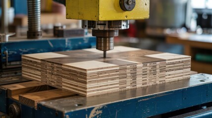 Industrial machine cutting plywood stack with precision drill in carpentry wood processing factory.