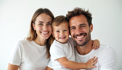Fototapeta premium Happy family portrait features smiling mother, father holding son on lap. Parents, child wear white shirts against clean white studio background. Captures togetherness, childhood, parenthood,