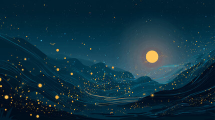 Magical glowing fireflies streaming under moonlight in dark spooky Halloween night vector landscape