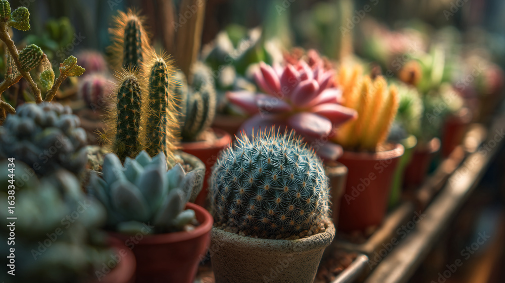 Poster close up view of assorted potted cacti and succulents in a row on a shelf with soft lighting