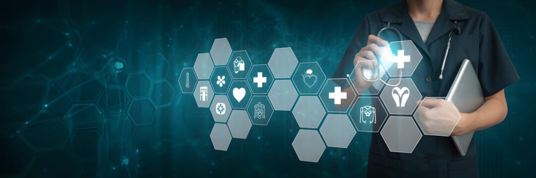 Medical professional and Medical Technology: a doctor in scrubs interacts with an illustrative overlay of medical icons representing healthcare. - Powered by Adobe