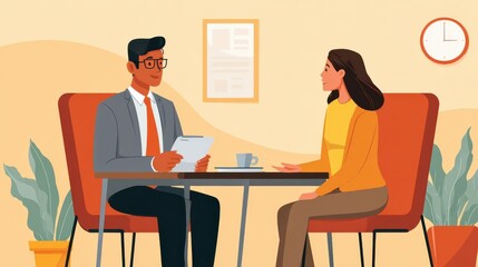 Fototapeta premium indian male hr specialist manager employer boss listening female latin candidate at job interview consulting client at office meeting hiring and employment human resources recruitment concept no logo