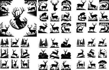Deer with Antlers in Forest Silhouette – Wildlife Icon Set Majestic Deer in Woods Silhouette – Nature Animal Icon