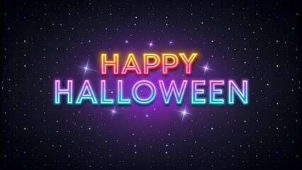 Happy Halloween Text Concept Bright neon "Happy Halloween" text on a starry background, celebrating the holiday spirit.