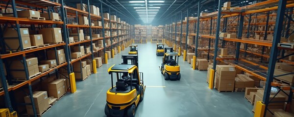 Overhead view of modern warehouse filled with shelves stacked high with products. Forklifts operate efficiently, AI-driven systems for product categorization, quick retrieval in logistics, supply