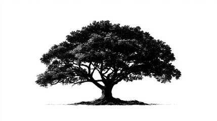 Isolated monochrome tree with a full crown and visible roots against a white background space