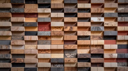 Stack of wooden blocks with different colors and textures arranged in carpentry lumber warehouse.