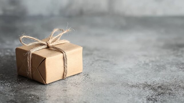 Eco-friendly kraft gift packaging with natural twine on textured stone
