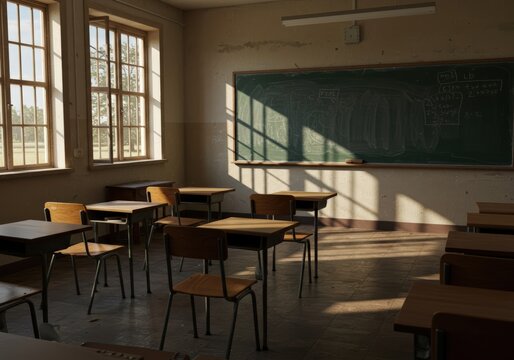 Sunlit Empty Classroom Desks and Chalkboard