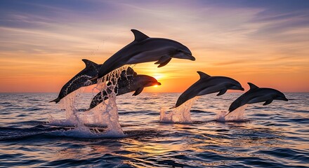 Fototapeta premium Dynamic pod of dolphins leaping in unison against a sunset glow