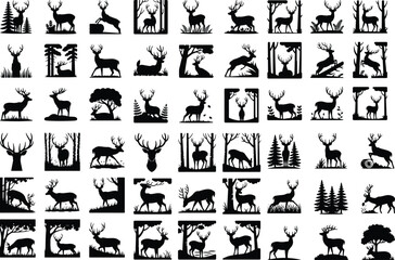 Deer with Antlers in Forest Silhouette – Wildlife Icon Set Majestic Deer in Woods Silhouette – Nature Animal Icon