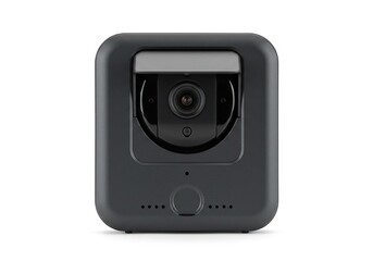 Fototapeta premium Black modern compact camera with lens and button isolated on white background