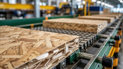Production line with oriented strand board OSB panels manufacturing process in wood factory.