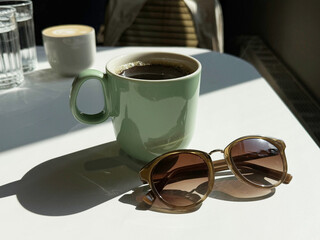 Cup of coffee and sunglasses on a white table. Casual cafe meetup concept. Handheld mobile photo,...