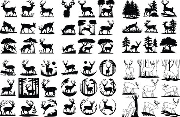 Deer with Antlers in Forest Silhouette – Wildlife Icon Set Majestic Deer in Woods Silhouette – Nature Animal Icon