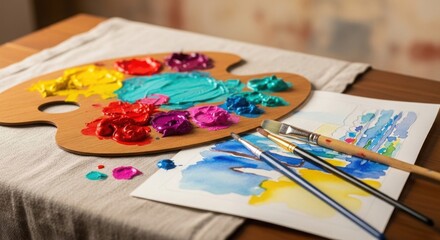 Fototapeta premium Wooden art palette with colorful oil paints and brushes on a canvas painting