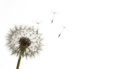 Dandelion seed head with three seeds drifting in a white space