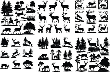 Deer with Antlers in Forest Silhouette – Wildlife Icon Set Majestic Deer in Woods Silhouette – Nature Animal Icon