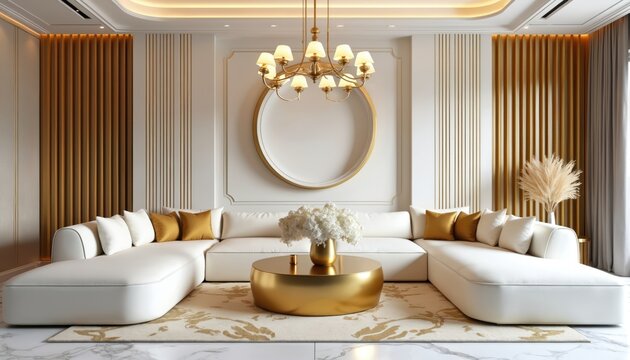 Luxurious modern living room interior featuring plush white sectional sofa, sleek gold coffee table with floral arrangement, elegant gold accents on walls, lighting. Textured rug, marble flooring - Powered by Adobe
