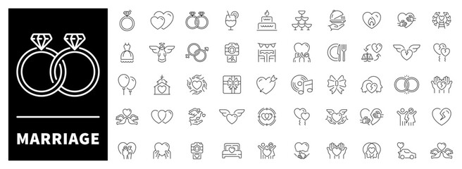 Marriage vector icons in line style. Love related icons collection. Romantic celebration set of 50 linear icons for marriage and love. Rings, couples, wedding cakes, hearts, and romantic symbols