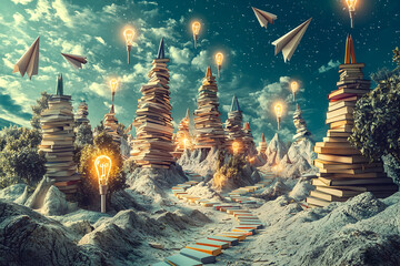 A surreal landscape where stacks of books form towers, illuminated by glowing lightbulbs, with paper airplanes soaring through a starry sky.