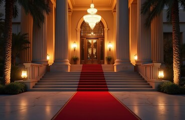 Grand entrance features red carpet leading to luxurious building doors. Elegant neoclassic architecture includes columns, ornate chandelier, glowing lanterns. Nighttime event setting suggests VIP