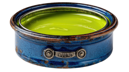 Vibrant Lime Paint in Vintage Pot: A close-up shot reveals the vivid green hue of lime-colored paint within a weathered blue vintage pot, presenting a striking interplay of colors and textures.