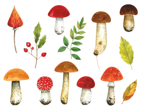 Flat mushrooms pack vector transparent background - Powered by Adobe