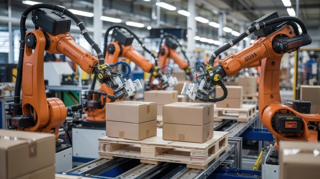 Industrial robotic arms handling cardboard boxes on automated packaging conveyor line in modern logistics factory.