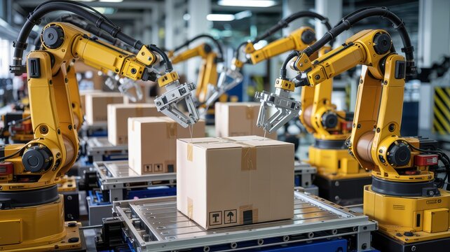 Industrial robotic arms handling cardboard boxes on automated packaging conveyor line in modern logistics factory.