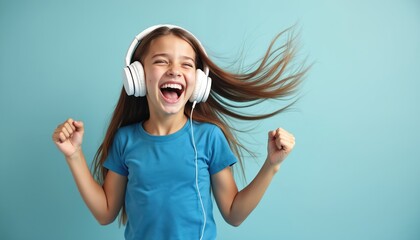 Fototapeta premium Young girl with long hair joyfully dances wearing white headphones, blue t-shirt. Hair flies with energetic movement listens to music. Captures feeling of carefree youth, excitement, isolated on