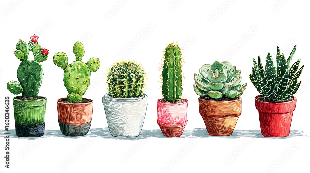 Aufkleber assortment of potted cacti and succulents displayed in a row on a white surface with artistic render