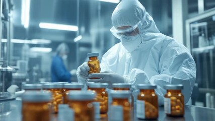 A person in a lab coat holds a bottle of medicine, great for healthcare and medical settings