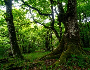Naklejka premium Lush forest canopy with moss-covered trees