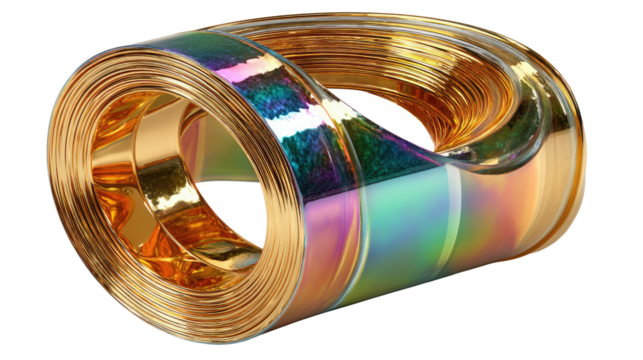 Elegant metallic coil: A close-up showcases a spiraling coil of gleaming metal, its surface shimmering with an iridescent display of color and texture.