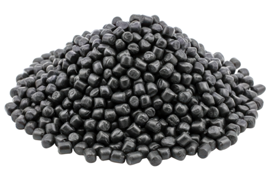 Pile of black plastic polymer pellets for industrial molding isolated on a transparent background