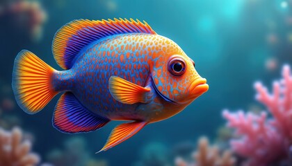 Fototapeta premium Close-up vibrant illustration of tropical fish with blue, orange spotted pattern swimming in ocean. Fins orange, blue. Blurred background features coral. Fish big eyes, bright colors, small size.