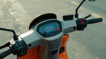 Closeup view of digital dashboard panel on modern electric scooter handlebar.