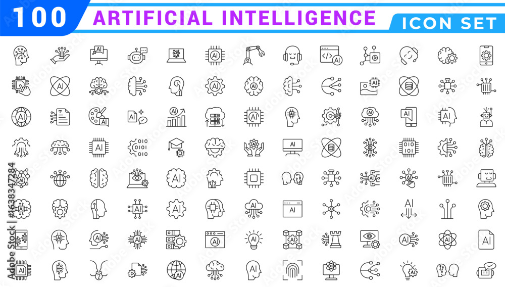 Poster artificial intelligence icon set. containing machine learning, data science, ai, virtual assistant, 