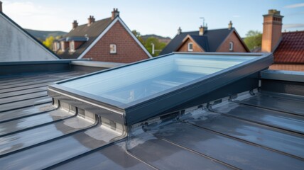 Modern skylight window installed on house roof providing natural light and ventilation.
