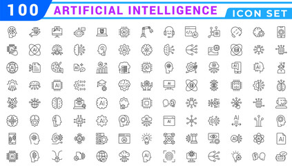Artificial intelligence icon set. Containing machine learning, data science, AI, virtual assistant, generative AI, technology, Turing test and more.