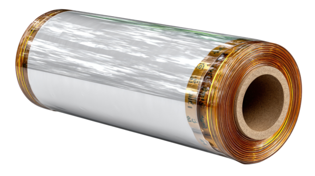 Roll of Industrial Film: A close-up shot of a roll of metallic industrial film, showcasing its reflective surface, offering an abstract and textural glimpse into modern industry.