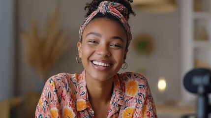 happy african teen girl blogger talking to camera video calling recording vlog happy afro young woman laughing distance chatting at home office funny social media influencer streaming webcam view no