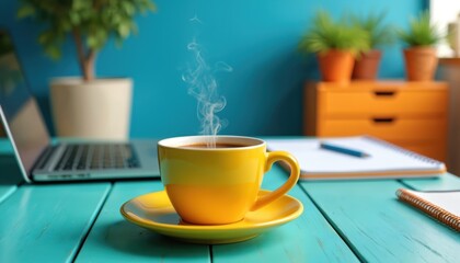 Bright yellow cup of steaming hot coffee sits on teal wooden table next to laptop and notebook. Morning work setup with potted plants in background. Beverage provides energy for busy day.